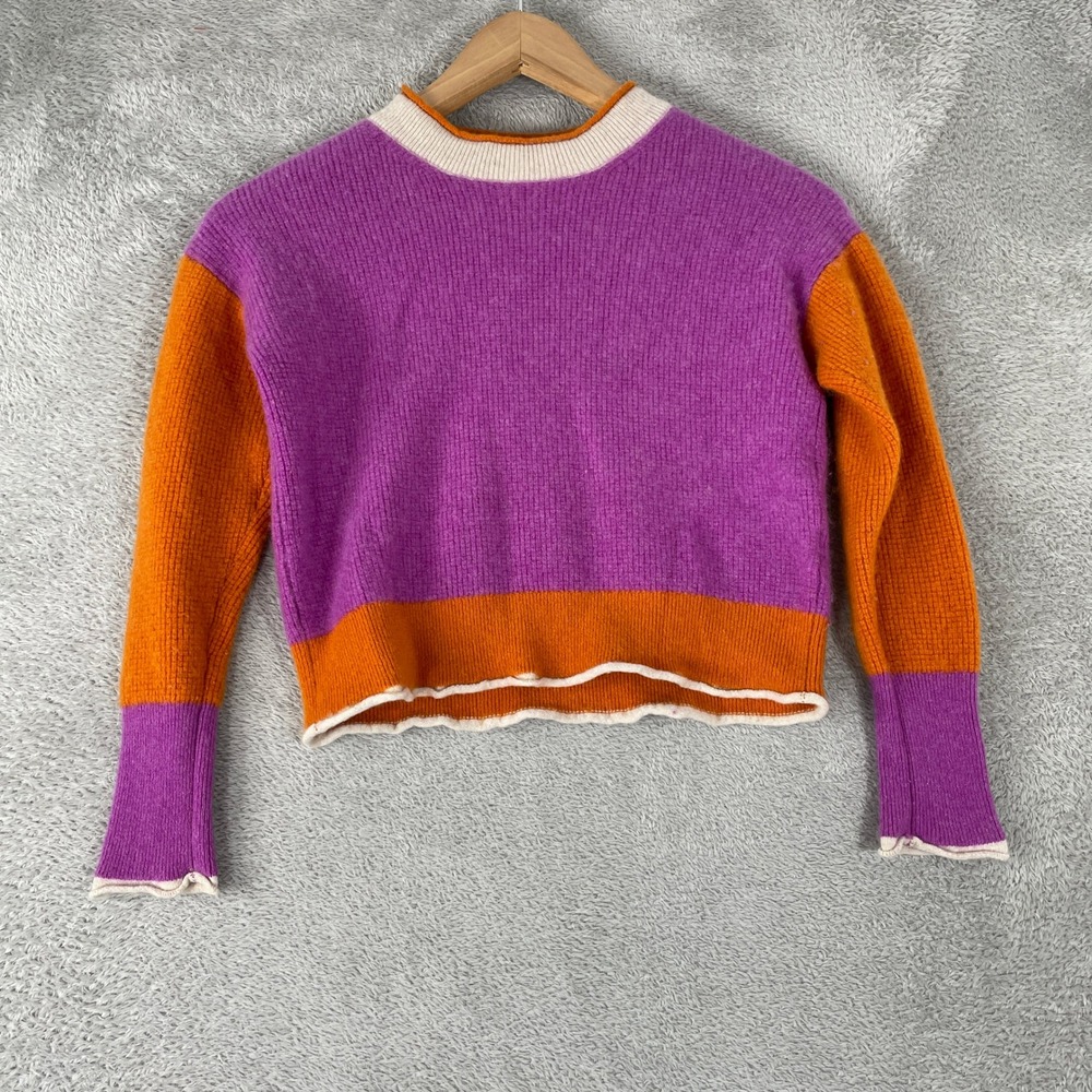 Maeve Sweater Womens XXS Purple Orange Cashmere Colorblock Ribbed Knit Crop